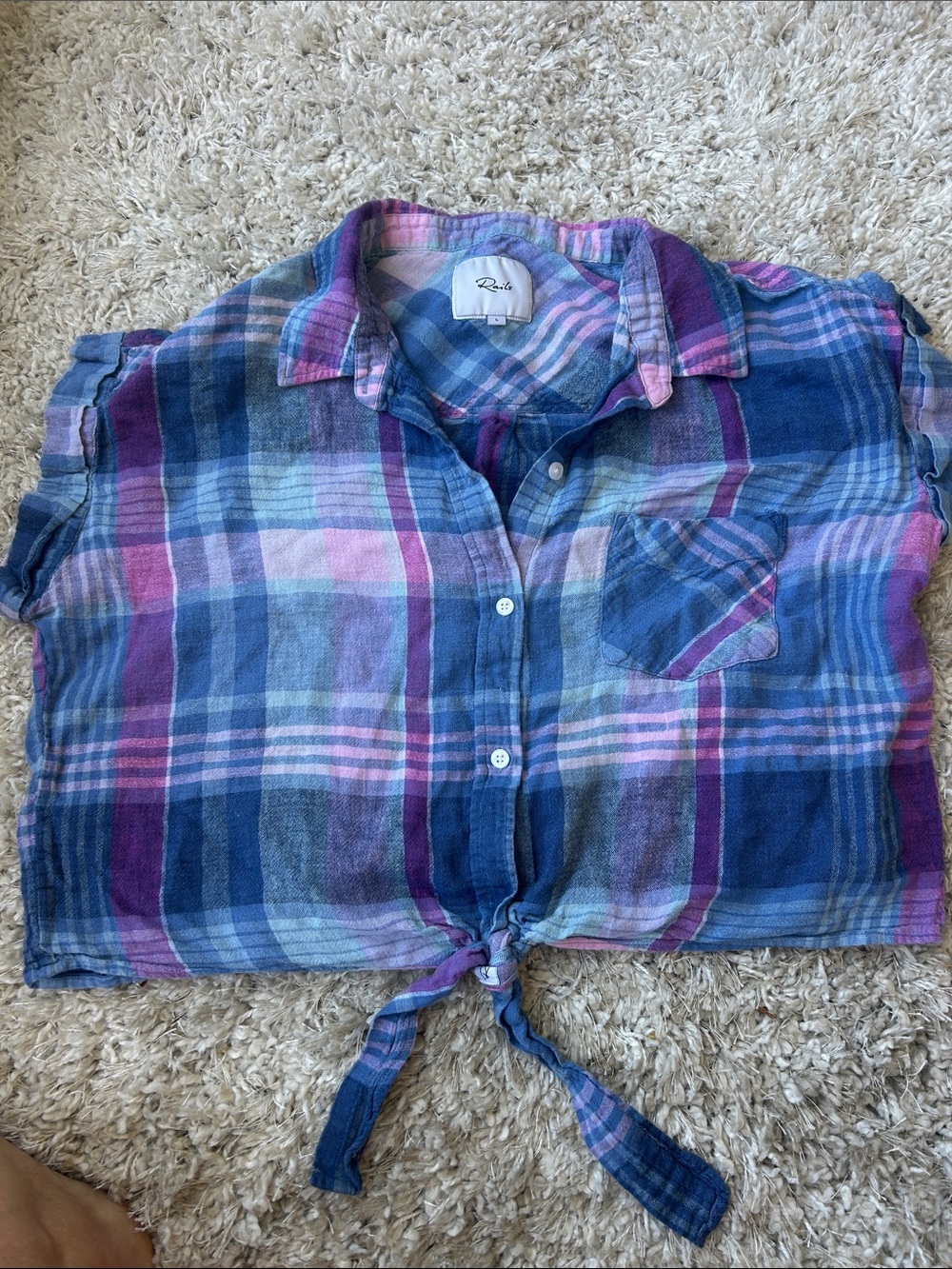 Rails Blue & Pink Plaid Tie-Front Crop Top linen blend size L